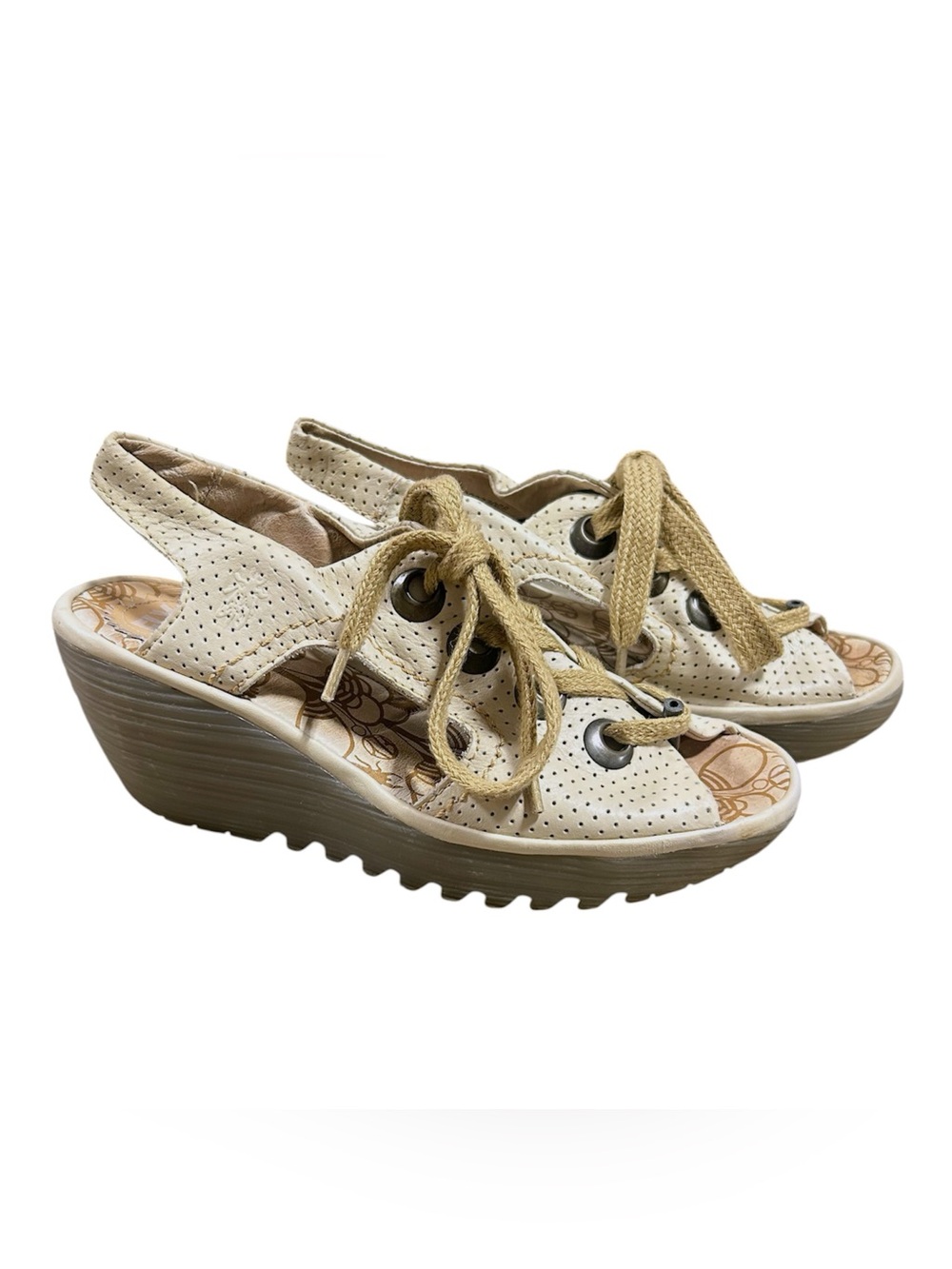 Fly London Ylva Cream Perforated Leather Peep Toe Lace Up Wedge Sandals. Sz 38